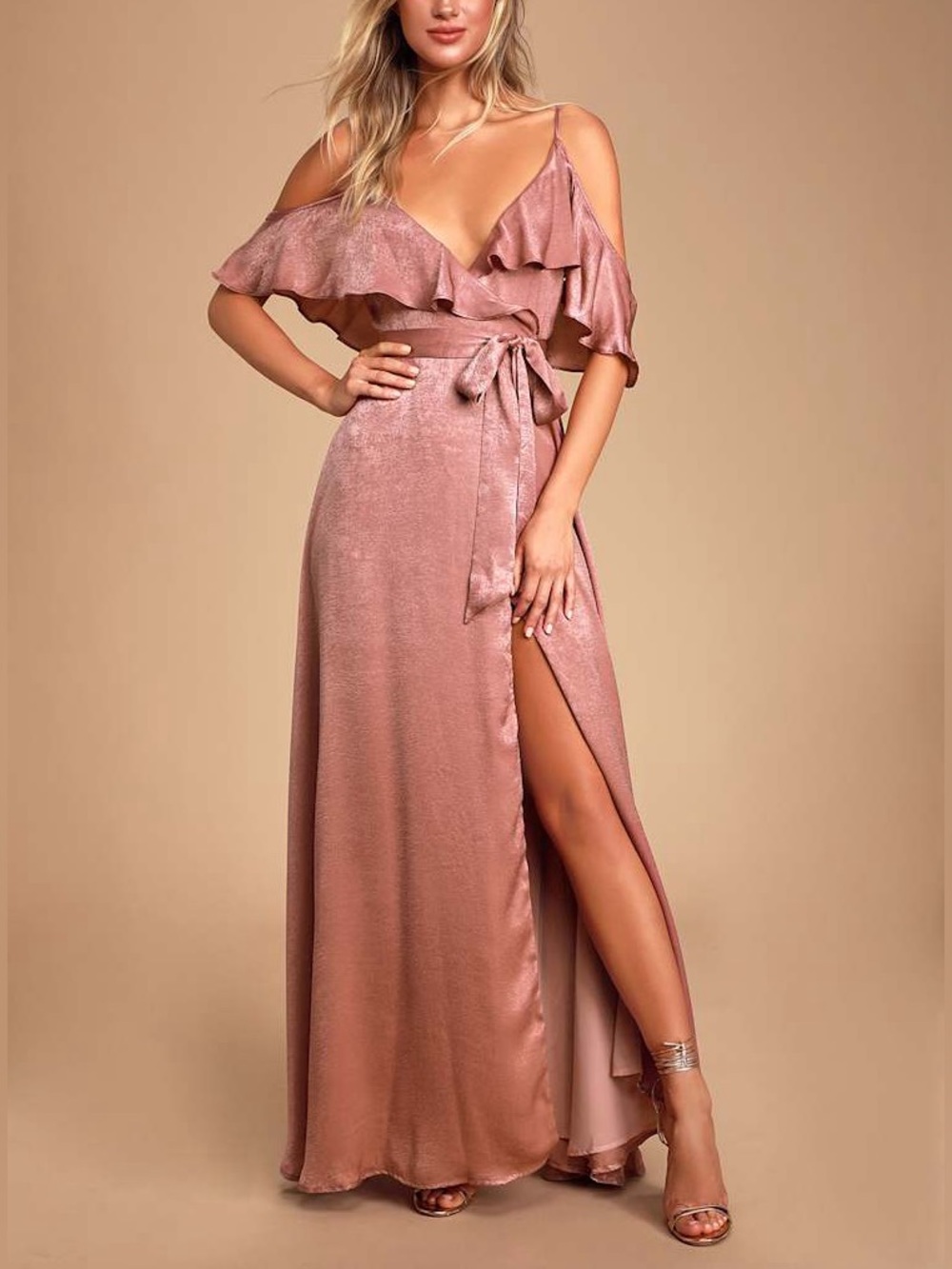 Lulu's Moriah Rose Satin Cold-Shoulder Wrap Maxi Dress Ruffle Bridesmaid Wedding